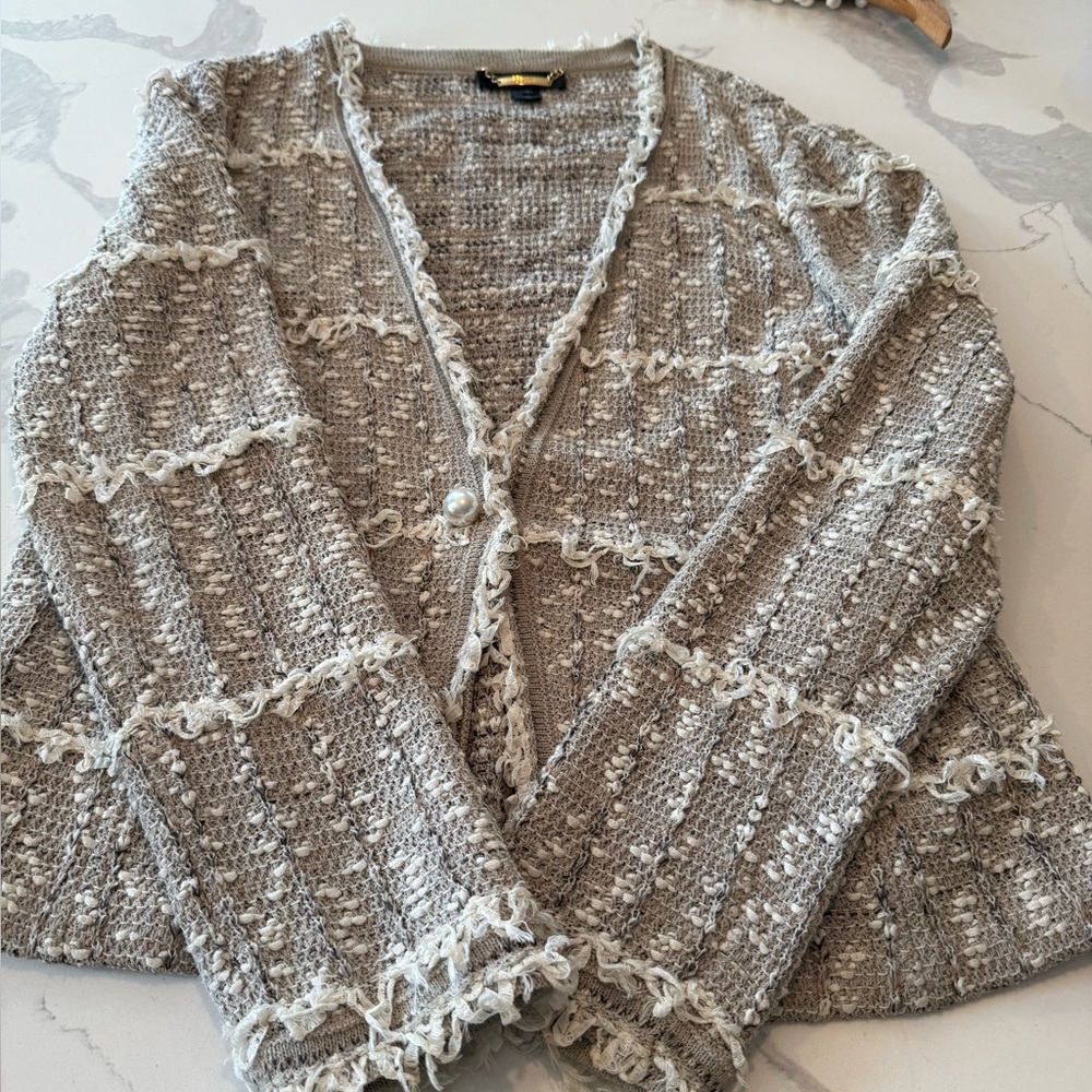 St. John Taupe and Cream Textured Cardigan/Blazer